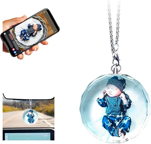 Vista 12 de Adorno colgante de cristal diáfano personalizado para espejo retrovisor de automóvil con foto, adorno personalizado para automóvil, decoración