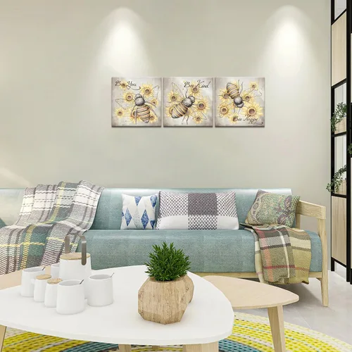 Vista 2 de iHAPPYWALL 3 piezas de lienzo de abeja de miel, arte de pared, diseño de girasol y citas motivacionales, ilustraciones para cocina, dormitorio