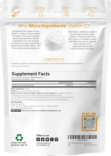 Vista 2 de Polvo de cristal de vitamina C puro (vitamina C soluble en agua, 1000 mg por porción), 2.2 lbs (2.2 libras), vitaminas inmunes y antioxidante