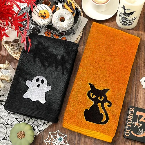 Vista 3 de Sarybei Juego de 2 toallas de baño para Halloween, toallas de mano de gato negro bordado de algodón puro y fantasma, toallas de baño ultra