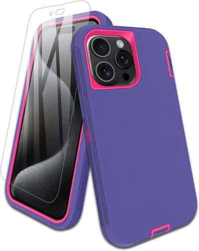 Vista 8 de Funda para iPhone 15 Pro con protector de pantalla de vidrio templado, protección contra caídas de 16 pies, con cubierta de puerto a prueba