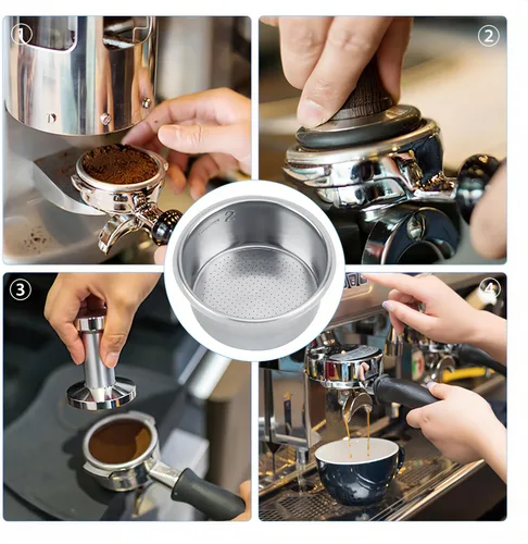Vista 7 de Tiiyee Filtro de café de acero inoxidable, portafiltro de café expreso, taza de cesta, filtro poroso no presurizado, filtro poroso, accesorios