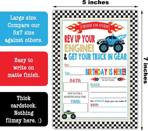 Vista 2 de Baby Fresh Designs Invitaciones de fiesta de cumpleaños Monster Truck - Juego de 15 con sobres