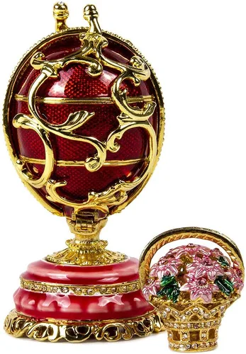 Vista 6 de Caja de regalo de joyería para collar, huevo de Faberge, adorno doble, caja de joyería de huevo imperial rojo (mediana), 3.35 x 2.2 pulgadas