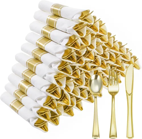 Vista 7 de Goodluck 100 Pack Pre Rolled Gold Plastic Silverware, Wrapped Cutlery
