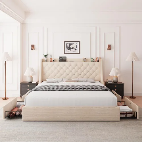 Vista 3 de Feonase - Base de cama tapizada tamaño matrimonial, 4 cajones para almacenar, puerto tipo C y USB, estación de carga, cabecera con respaldo capitoné