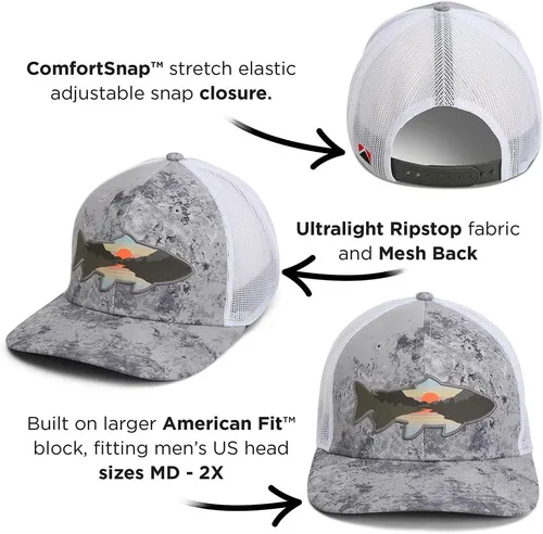 Vista 5 de Paramount Outdoors Sombrero de pesca de trucha al atardecer, diseño de silueta de pez de montaña, sombrero para exteriores con cómodo Snapback