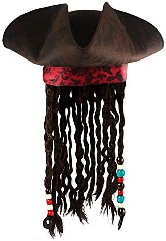 Vista 2 de Nicky Bigs Novelties Sombrero pirata de lujo para adultos con rastas, trenzas de pelo, aretes de parche en los ojos, sombrero pirata de tricornio