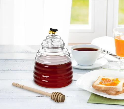 Vista 2 de HIC Kitchen Tarro de miel de vidrio con tapa y cuchara de miel, vidrio de borosilicato y madera de haya Vidrio/Madera