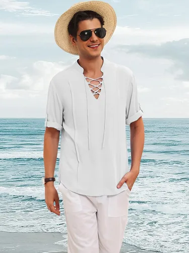 Vista 5 de HANXMEN Camisas Henley de lino para hombre, manga corta, casual, cuello en V, para verano, playa, hippie, con cordones, estilo bohemio