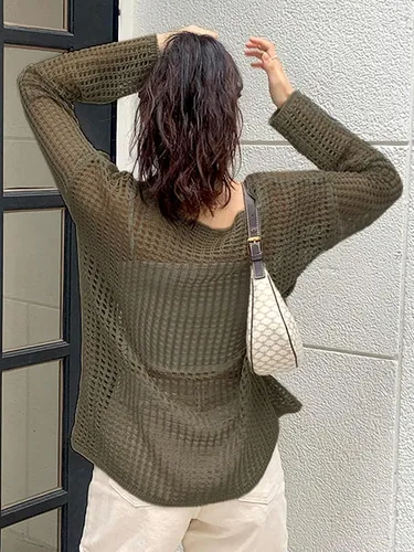 Vista 2 de Verdusa Suéter de punto liso con hombros caídos y cuello redondo para mujer