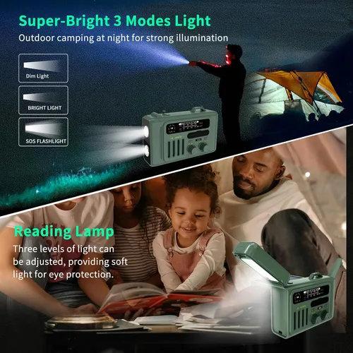 Vista 4 de Radio solar de emergencia con manivela, NOAA/AM/FM con linterna LED y lámpara de lectura, USB tipo C/carga solar/manivela, altavoz Bluetooth, alarma