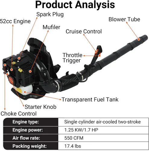 Vista 3 de Soplador de hojas de mochila a gas, soplador de hojas de gas de 52 CC, soplador de hojas de 2 tiempos de 550 CFM, sopladores de gas de 6800 RPM