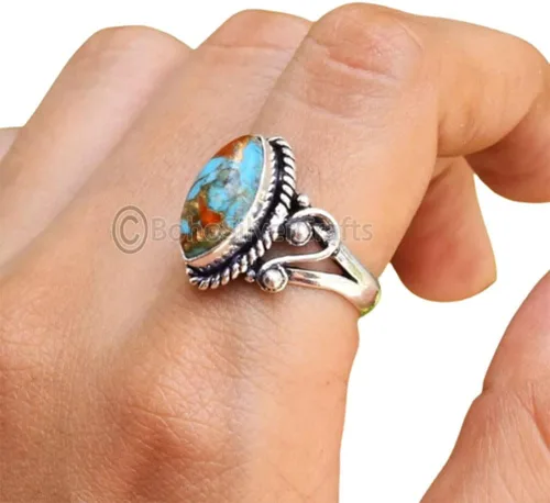 Vista 3 de Dainty Rings Silver, Mojave Copper Oyster Turquoise Ring, Marquise Turquoise Ring, 925 Solid Silver Ring, Minimalist Ring, Ring For Women, Handmade
