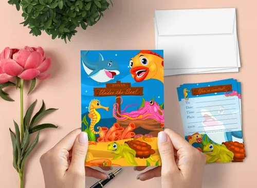 Vista 2 de Leigha Marina Tarjetas de invitación de fiesta bajo el mar para niños, 20 invitaciones y 20 sobres, notas de felicitación estilo relleno en blanco