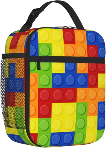 Vista 3 de SARA NELL Bolsa de almuerzo aislada colorida con bloques de construcción de bloques de almuerzo para mujeres, hombres, adolescentes, niños, bolsa