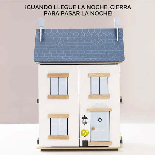 Vista 6 de Le Toy Van - Casa de muñecas de madera Sky - Casa de sueños para niños - 2 pisos con ático - Llena de accesorios para casa de muñecas - Adecuada
