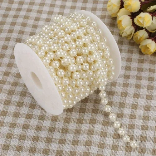 Vista 8 de 32.8 ft/roll 0.315 in Línea de Algodón Artificial Perlas Perlas Cadena Cadena Guirnalda Flores Decoración de la Boda Artesanía Perla Cadena (Beige)