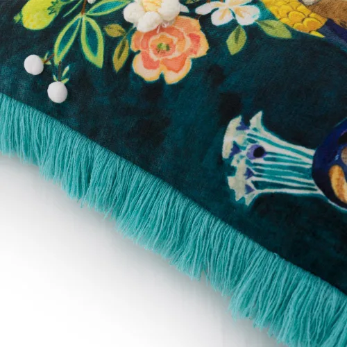 Vista 6 de JWH Funda de almohada con estampado de flores de pavo real azul y verde, funda de almohada decorativa de chenilla con borlas para cama, sala