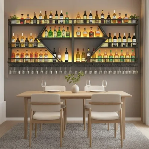 Vista 13 de Estante moderno de 59 pulgadas para vino montado en la pared con luz LED, estantes de barra de pared de metal con soporte para vidrio, estante
