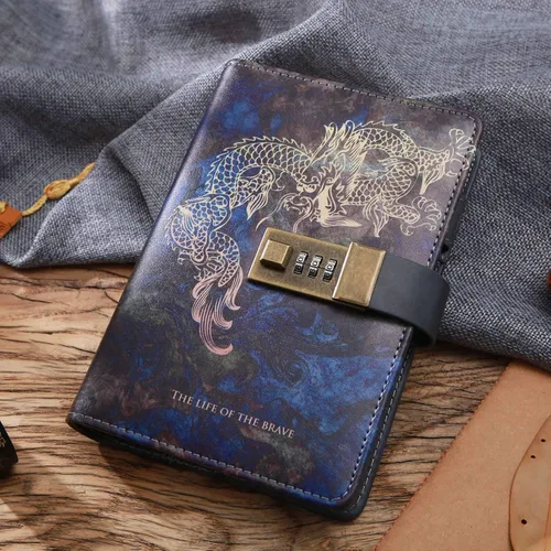 Vista 2 de CAGIE Diario con cerradura A6 pequeño diario de bloqueo para adultos, carpeta de piel sintética, 6 anillos, dragón, 6.9 x 4 pulgadas