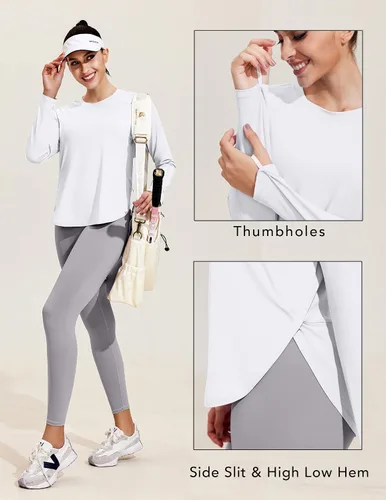 Vista 4 de Pinspark Camisetas de entrenamiento de manga larga para mujer, absorben la humedad, camisetas de yoga para senderismo, atléticas, ajuste holgado