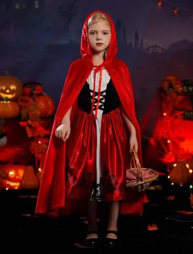 Vista 2 de IDOPIP Disfraz de Caperucita Roja para niñas, Halloween, fiesta de cumpleaños, disfraz con capa con capucha, conjunto de 2 piezas Rojo