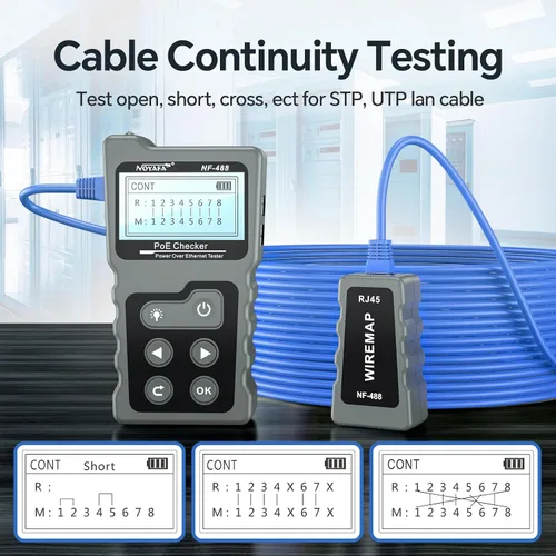 Vista 5 de NOYAFA NF-488 - Probador de cable POE para alimentación sobre Ethernet, comprobación de continuidad de cable de red, detector de bucle invertido POE