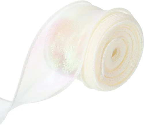 Vista 38 de MECCANIXITY - Cinta de organza con cable de 1 1/2" de ancho, brillante, transparente, con brillo irisado en tonos pastel, cinta de gasa para Beige