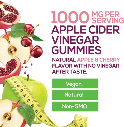 Vista 3 de Gomitas de vinagre de sidra de manzana, 1000 mg por porción, suplemento de vitaminas ACV sin azúcar, vitamina B12 y B6 para energía, soporte
