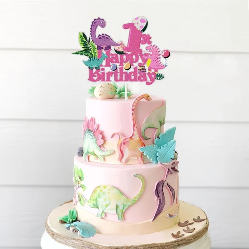 Vista 4 de Decoración para pastel de 1er cumpleaños de dinosaurio rosa, princesa real número 1 para tartas de dinosaurio, temática de dinosaurio, baby shower