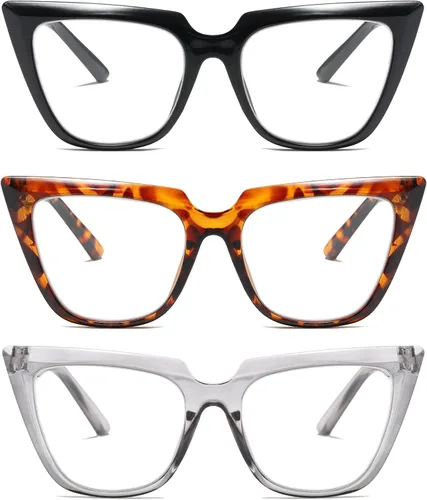 Vista 11 de Gafas de lectura de ojo de gato para mujer, de gran tamaño, bloqueo de luz azul, para lectura de computadora, paquete de 3 + 1.0