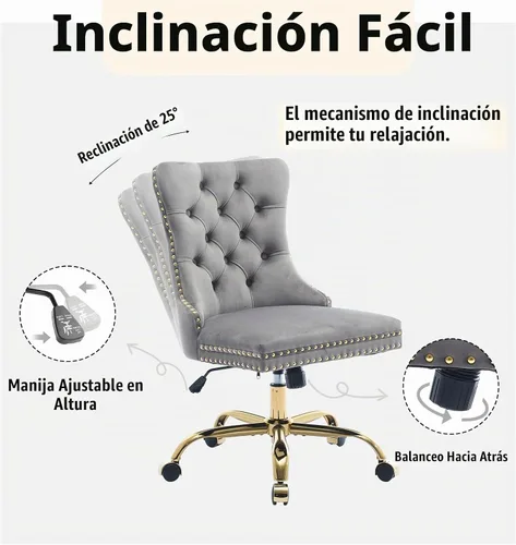 Vista 7 de Silla de escritorio de terciopelo gris con ruedas y base dorada, silla de oficina moderna giratoria cómoda, silla de tocador, silla de tarea, silla