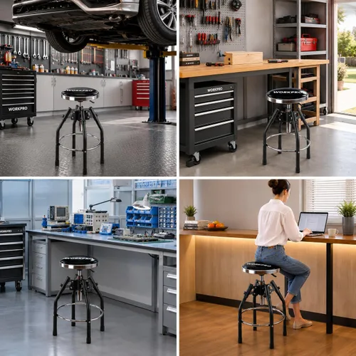 Vista 8 de WORKPRO Taburete de Taller Hidráulico Ajustable de Servicio Pesado, Taburete de Bar para Garaje, 29 a 33.86 pulgadas, Capacidad de 330 Libras, Negro