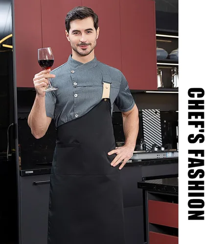Vista 6 de Chaqueta de chef de moda para hombre, transpirable, con ventilación oculta, uniforme de chef (abrigo + delantal)