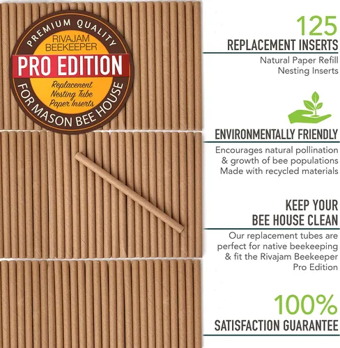 Vista 3 de Rivajam Insertos de papel de anidación de abejas Paquete de 125 piezas Beekeeper Pro Edition Insertos de repuesto naturales para Mason Bee