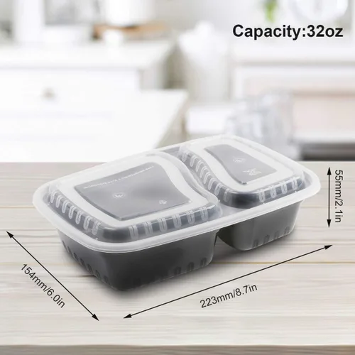 Vista 3 de Paquete de 20 recipientes para preparación de comidas, 2 compartimentos, caja Bento de 32 onzas, recipientes de alimentos aptos para microondas