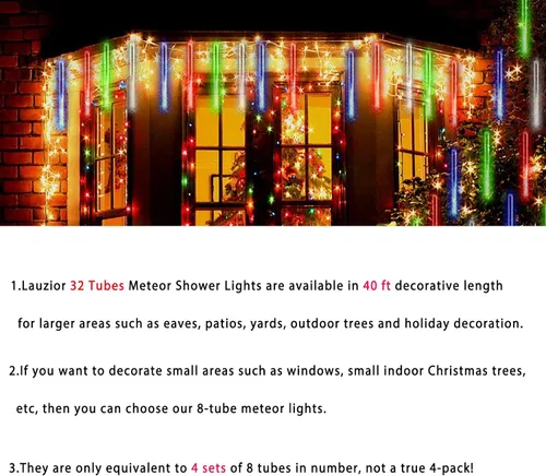 Vista 4 de Decoración de Navidad al aire libre, 32 tubos de luces de lluvia de meteoritos para exteriores e interiores, luces en cascada de carámbano de nieve