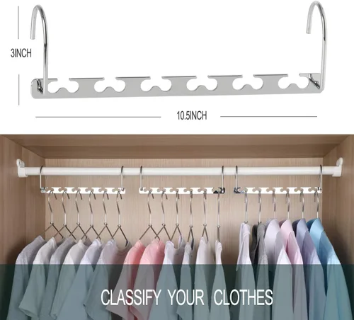 Vista 4 de Meetu - Perchas de ahorro de espacio multi funcionales para ropa de acero inoxidable, 6 x 2 ranuras para colgar en cascada, gancho actualizado