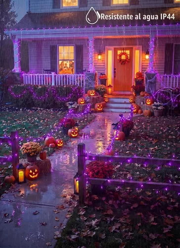 Vista 3 de Luces moradas de Halloween para exteriores, 33 pies, 100 luces LED impermeables de Navidad con 8 modos de iluminación, decoraciones de Halloween