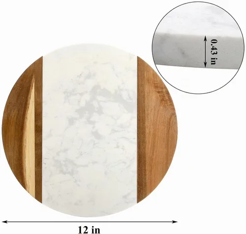 Vista 2 de Okllen Tabla de queso de mármol de 12 pulgadas y tabla de servir de madera de acacia, bandeja redonda de mármol hecha a mano para queso, embutidos
