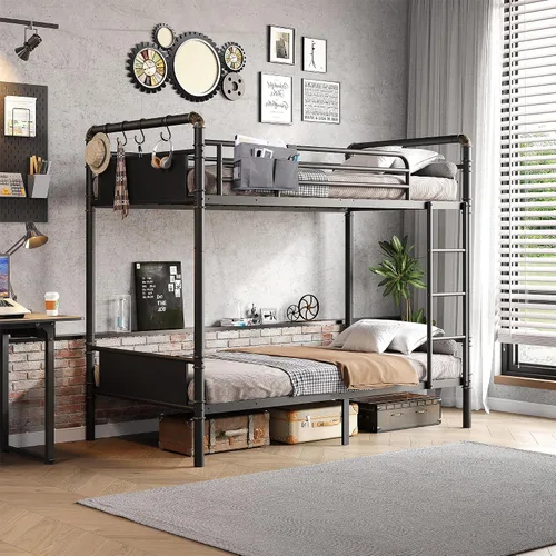 Vista 8 de Jocoevol Litera Doble sobre Doble, literas de metal resistente con escalera y barandilla de longitud completa, convertible en 2 camas individuales