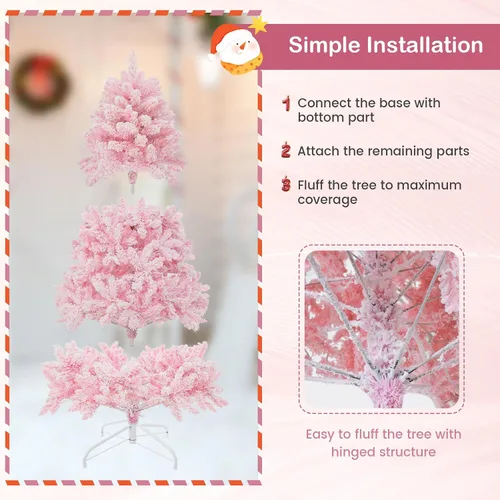 Vista 6 de Goplus Árbol de Navidad artificial preiluminado rosa de 6 pies, árbol de Navidad artificial con bisagras con nieve artificial con 808 puntas