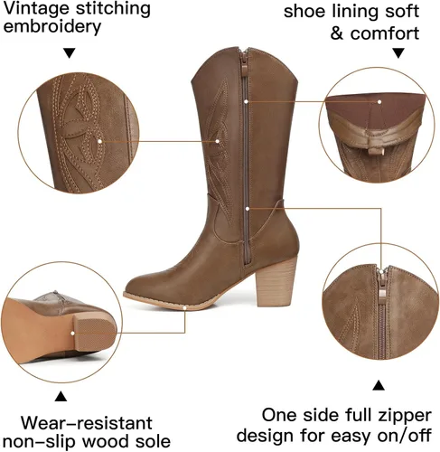 Vista 3 de SHIBEVER Botas vaqueras para mujer Medio Botas vaqueras negras de pantorrilla ancha con bordado occidental de tacón alto con punta redonda
