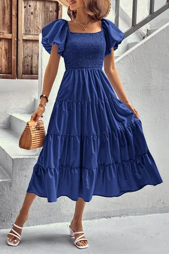 Vista 4 de PRETTYGARDEN Vestido midi casual de verano para mujer, manga corta, cuello cuadrado, fruncido, con volantes