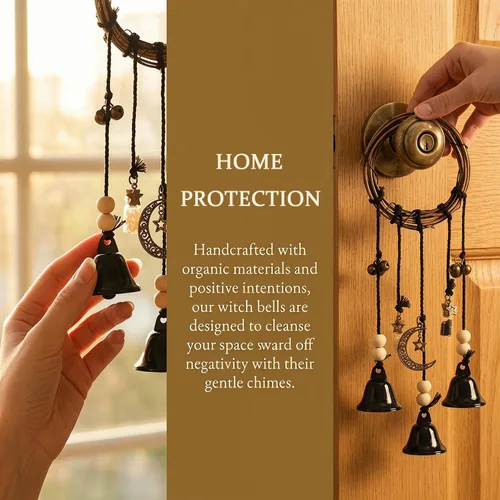 Vista 6 de Campanas de bruja para pomo de puerta para protección Campanas colgantes de viento Campanas decorativas hechas a mano para decoración bohemia