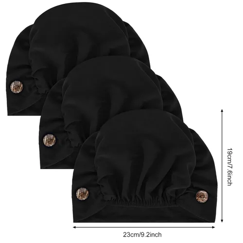 Vista 2 de Geyoga Gorras Bouffant con botones, unisex, elástica, turbante con botones para mujer, 3 piezas, Negro, Talla única
