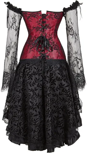 Vista 3 de Corsés para mujer, conjunto de vestido de corsé renacentista, disfraces de Halloween
