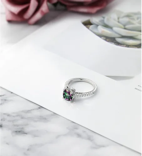 Vista 4 de Gem Stone King Anillo de compromiso de plata de ley 925 con topacio místico verde y zafiro blanco creado para mujer