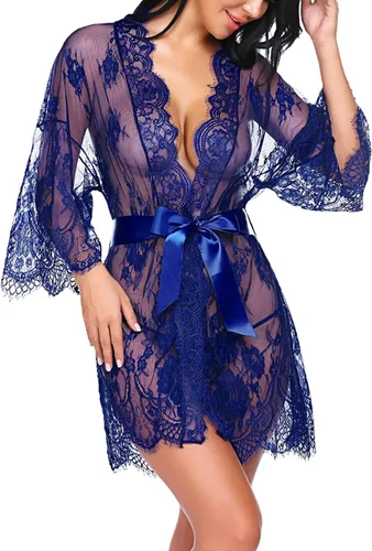 Vista 4 de Avidlove - Kimono de encaje para mujer, tipo babydoll, camisón de malla, lencería, bata, tallas S-5XL
